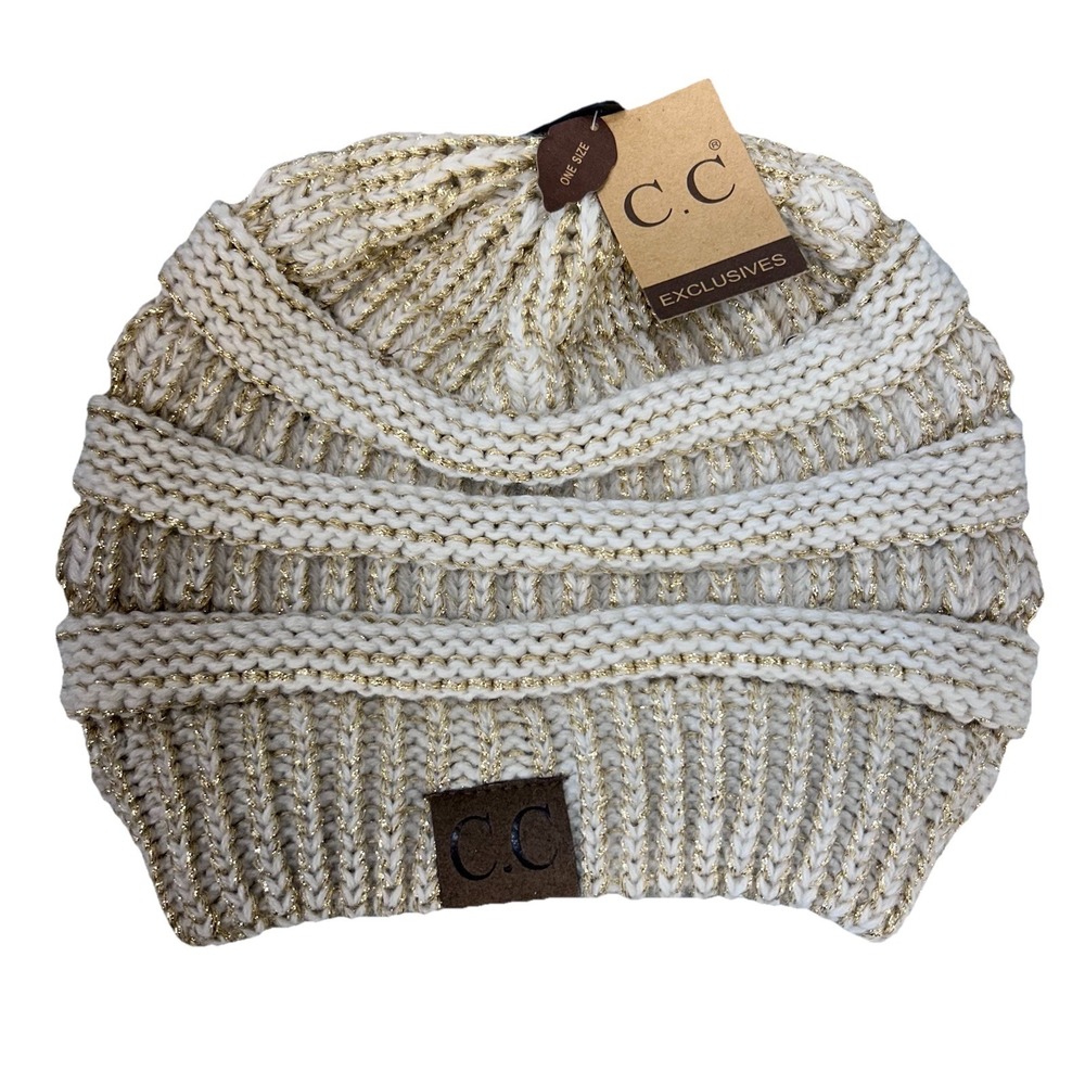 C.C Exclusives‎ Knit Beanie Hat Cream Gold Metallic Acrylic One Size Women